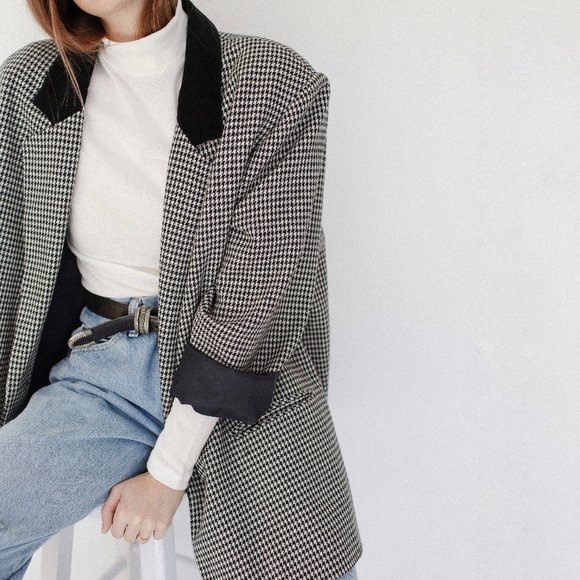 Vintage Lord & Taylor Wool Oversized Houndstooth Velvet Blazer Womens Size 6 - Picture 1 of 10